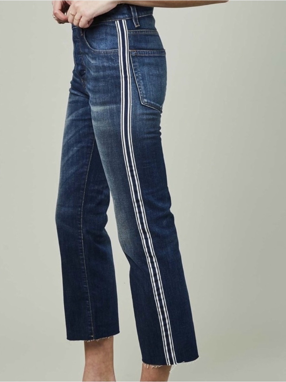 6397 Taped Jeans Cropped Raw Hem Jeans With Navy/White Panel - See last photos!